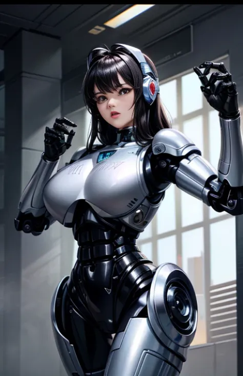 ((highest quality)), ((masterpiece)), (cinematic aesthetic:1.4) big breastsロボット、The robot woman is a Japanese woman in her 40s..、Silver metallic robot body、Three Robots、glamorous robot body、Large Metal Robot Chest、big breasts、nipple、areola、black hair、anten...