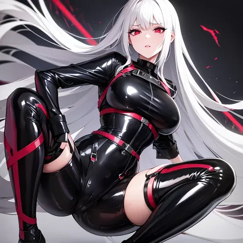 Girl in Black Latex Clothes. White Hair and Red Eyes.  and Pussy. Strapon Harness.