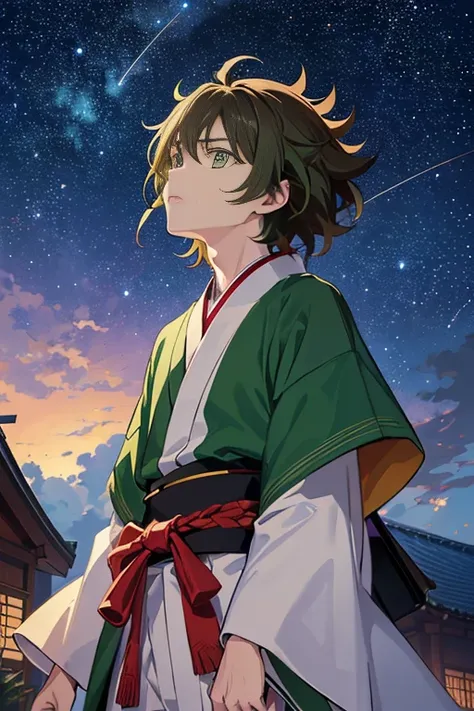 the anime, (Best Quality), ((1guy)), ((disheveled short dark blond hair)), ((vivid green eyes)), japanese clothes, white kimono, a waist belt, looks at the viewer, The Art of the Demon Slayer, demon slayer artstyle, kimetsu no yaiba, (((looking up at the s...