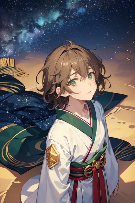 the anime, (Best Quality), ((1guy)), ((disheveled short dark blond hair)), ((vivid green eyes)), japanese clothes, white kimono, a waist belt, looks at the viewer, (((looking up at the sky))), (((Starry sky)))