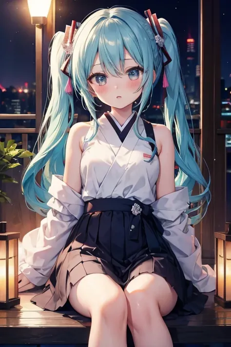 masterpiece、Top image quality、超A high resolution、miku hatsune、blue hairs、Twin-tailed、Blushing、mock、Open your mouth just a little、dressed casually、casual kyscraper、Japan、Outdoors、Night time