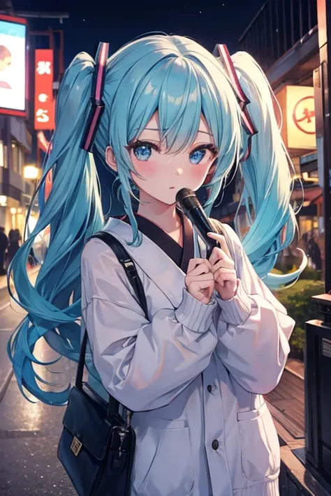 masterpiece、Top image quality、超A high resolution、miku hatsune、blue hairs、Twin-tailed、Blushing、mock、Open your mouth just a little、dressed casually、casual kyscraper、Japan、Outdoors、Night time