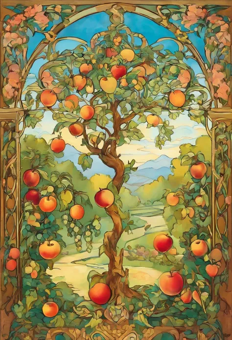 An orchard full of fruit,apple,Grape,peach,Pomegranate,Oil painting style,Bright sunlight across the screen,Idyllic atmosphere，nostalgic，Masterpieces of art．