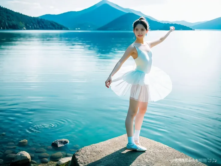 (a girl) (beautiful girl, Perfect and detailed face,mesmerizing and seductive).(best quality、masterpiece、ultra high resolution)(18 year old Japanese girl) (Standing with one left foot on the rock by the lake.Lift your right foot high. Delicate foot details...