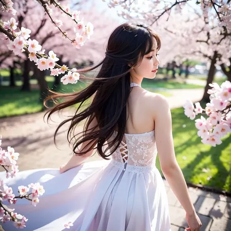 cinematic light, (1girl:1.3), adult, spring blossoms. from behind, looking at camera, petals in the air, windy day. bokeh, depth of field, detailed background, flowering, spring, vibrant, volumetric shadow