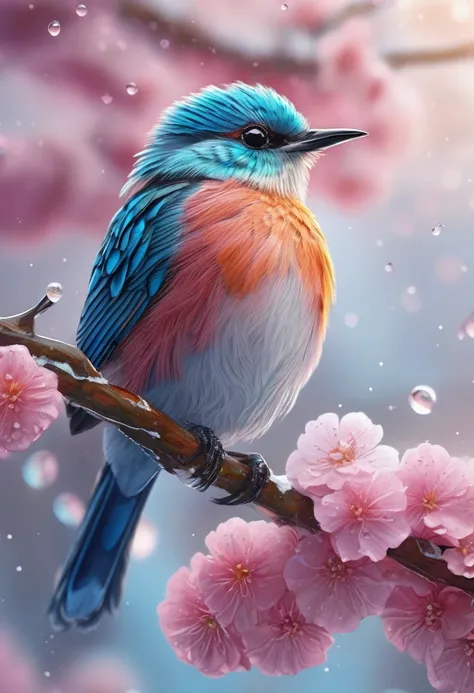 A beautiful hyper-fluffy hyperrealistic bird on a branch with pink flowers and snow. Small water drops, shining. Sunrise. Pastel colors. Intricately detailed, masterpiece, beautiful. Photorealistic, raw image, aesthetic