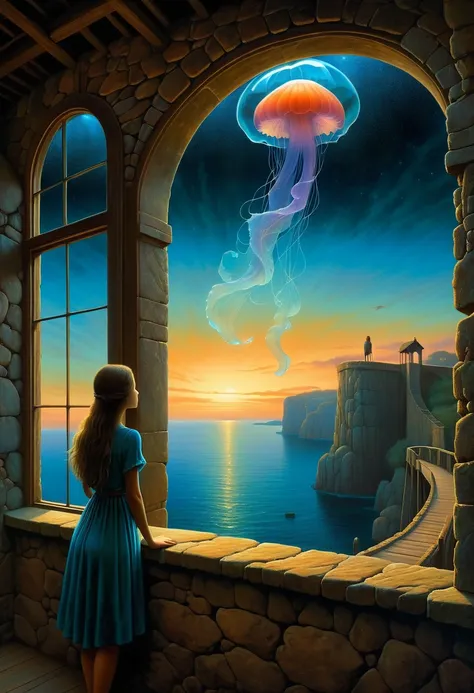 beautiful dark room，There is a big window, The scenery outside the window，Looking out from the window，Girl looking into the distance at the window，The Faceless Stone Woman on the Bridge，Handheld Light，Background with jellyfish, With the sky as a background...