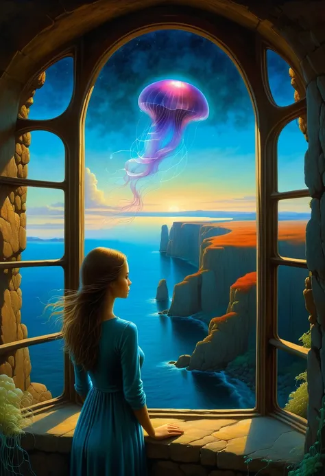 beautiful dark room，There is a big window, The scenery outside the window，Looking out from the window，Girl looking into the distance at the window，The Faceless Stone Woman on the Bridge，Handheld Light，Background with jellyfish, With the sky as a background...