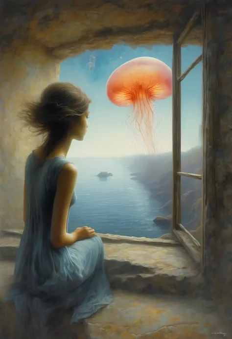 The scenery outside the window，Looking out from the window，Girl looking into the distance at the window，The Faceless Stone Woman on the Bridge，Handheld Light，Background with jellyfish, With the sky as a background, Brome&#39;s Art, Magic  artwork, super fi...