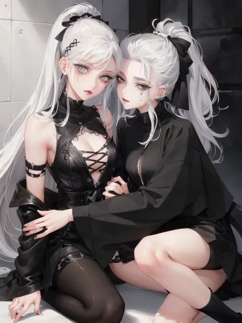 Two women kisasterpiece, best quality, high quality, ultra detailed, 1girl, looking at viewer, white hair, gray eyes, black lipstick, black shirt, sitting on a white floor, demon girl, gothcore, 1 7 - year - old, goth girl, japanese gothic, gothic punk sty...