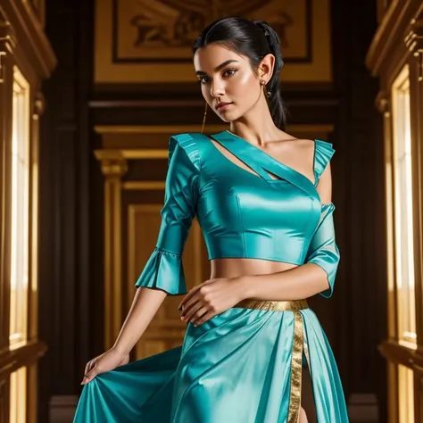 oil painting,young Elf woman, black hair slicked back in a high ponytail, She wears a sophisticated dress with a structured turquoise bodice adorned with bright gold trim, a flowing skirt with a bold slit, The skirt fabric is a deeper shade of turquoise, S...