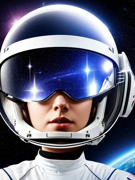 A woman in Nasa White suit, floating in the airspace, glass helmet transparent showing her face facing viewer with big eye, face expression in shock, a reflection on glass helmet show a spaceship towards her. behind background dark and full of stars. 