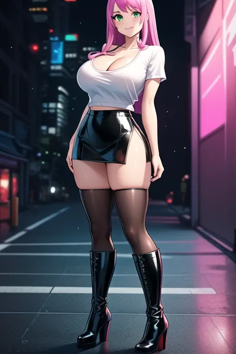 1 girl, 19 years old, Long pink hair, green eyes with slit pupils, master-piece, best quality, (standing up), (tight white shirt), (tight white v-neck crop t-shirt, black leather pencil mini skirt, patent leather high heel boots, cleavage),  (Big , ultra g...