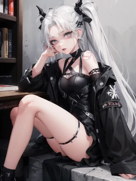 Two women kisasterpiece, best quality, high quality, ultra detailed, 1girl, looking at viewer, white hair, gray eyes, black lipstick, black shirt, sitting on a white floor, demon girl, gothcore, 1 7 - year - old, goth girl, japanese gothic, gothic punk sty...