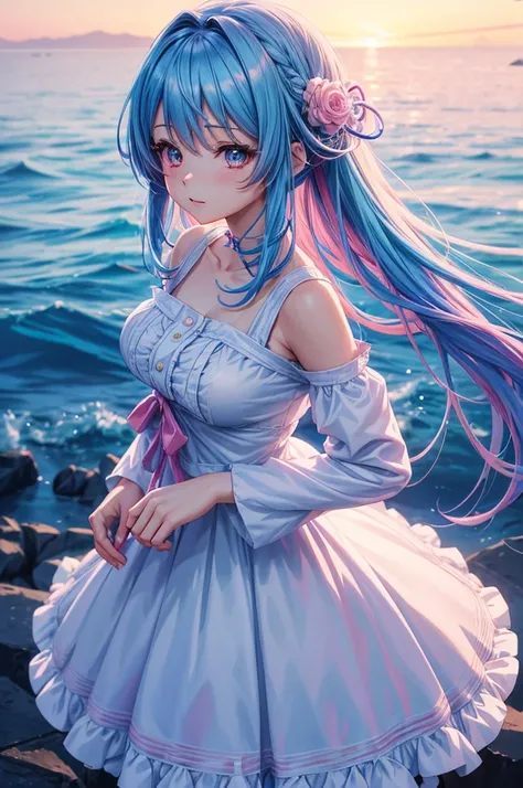 Anime girl with blue and pink hair and white dress, detailed digital anime art, 4K high-definition digital art, digital anime art, anime styled digital art, anime style. 8K, beautiful digital artwork, digital anime illustration, anime styled 3d, stylized a...