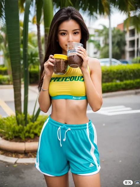 Half Brazilian、Dressed in a sporty manner、sexy figure、There is a little exposure、Woman drinking protein