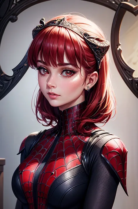 highest quality,game CG,1 girl, masterpiece, highest quality, 8K, detailed skin texture, fine cloth texture, beautiful and detailed face, intricate details, super detailed, Audrey Hepburn, Spider-Man uniforms, straight red hair, (Half body:1.2)