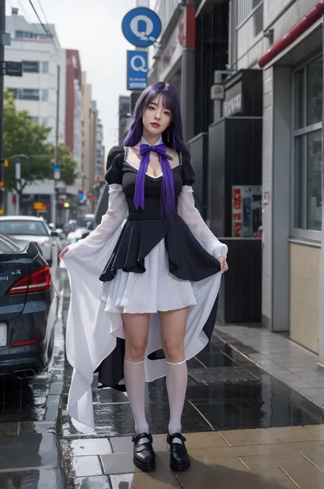 (masterpiece),best quality, frederica bernkastel,dress,  tail bow, cat tail, bowtie, purple eyes, purple hair,mary janes,  socks,  blank eyes, empty eyes,  (raining day:1.2), cloud, street, sidewalk, wet clothes, photorealistic, ((16k photography)), detail...