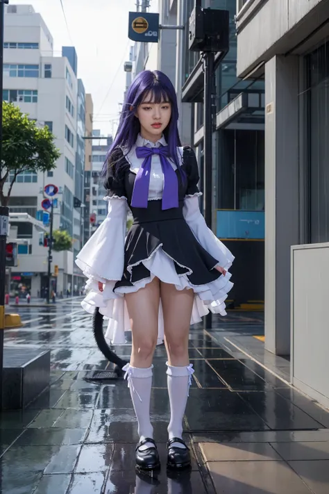 (masterpiece),best quality, frederica bernkastel,dress,  tail bow, cat tail, bowtie, purple eyes, purple hair,mary janes,  socks,  blank eyes, empty eyes,  (raining day:1.2), cloud, street, sidewalk, wet clothes, photorealistic, ((16k photography)), detail...