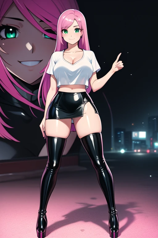 1 girl, 19 years old, Long pink hair, green eyes with slit pupils, master-piece, best quality, (standing up), (tight white shirt), (tight white v-neck crop t-shirt, black leather pencil mini skirt, patent leather high heel boots, cleavage),  (Big , ultra g...