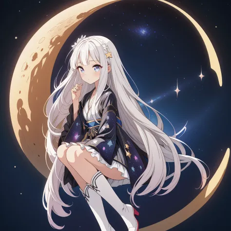 Star Fairy、(masterpiece, best quality), 1girl, sitting on the crescent moon、「A beautifully printed galaxy patterned kimono and gothic lolita outfit.、Space pattern box pleated mini skirt with ruffles、Front view portrait、Knee-high boots、enchanting eyes、Perfe...