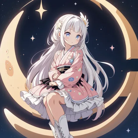 Star Fairy、(masterpiece, best quality), 1girl, sitting on the crescent moon、「A beautifully printed galaxy patterned kimono and gothic lolita outfit.、Space pattern box pleated mini skirt with ruffles、Front view portrait、Knee-high boots、enchanting eyes、Perfe...