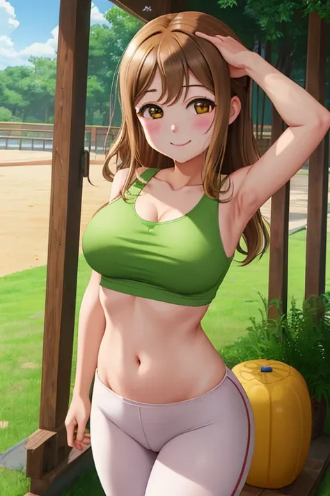 masterpiece, highest quality, alone, cowboy shot,kunikida hanamaru, blush , smile , yellow tank top,Tank top is sheer, belly button, Brown yoga pants , outdoor, Are standing,No bra , nipple ,Chibi,big breasts 