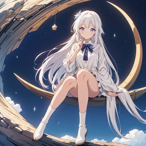 sitting on the crescent moon、Star Fairy、(masterpiece, best quality), 1girl, sitting on the crescent moon、「美しくプリントされたMilky Wayのような柄の着物とゴシックロリータの洋服を合わせもった衣類、universe柄のボックスプリーツミニスカートにフリル、Front view portrait、Knee-high boots、enchanting eyes、Perfect and stunning...