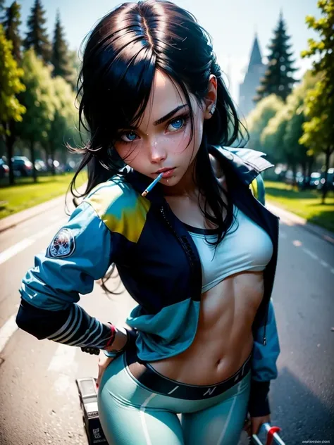 best quality, masterpiece, highres, colorful, artstation, concept art, smooth, sharp focus, illustration, super detail, sport girl, smoking, holding a cigarette, 1girl, outdoor, trees, black hair, blue eyes, small hips, small butt, small ass, small breast,...