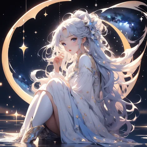 sitting on the crescent moon、star fairy、(masterpiece, best quality), 1girl, sitting on the crescent moon、「美しくプリントされたmilky wayのよう...