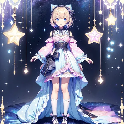 1girl、vtuber-fullbody、Star Fairy、「A beautifully printed galaxy patterned kimono and gothic lolita outfit.、Space pattern box pleated mini skirt with ruffles、Front full body portrait、enchanting eyes、Perfect and stunning face、exquisite details、clear image、hig...