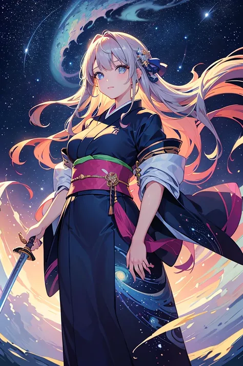 top-quality、Top image quality、​masterpiece、girl with、Beautifully shining stars々Glowing cosmic background、Girl in gorgeous Japanese-style kimono、(Standing with a large shining sword)、Fantastic and beautiful