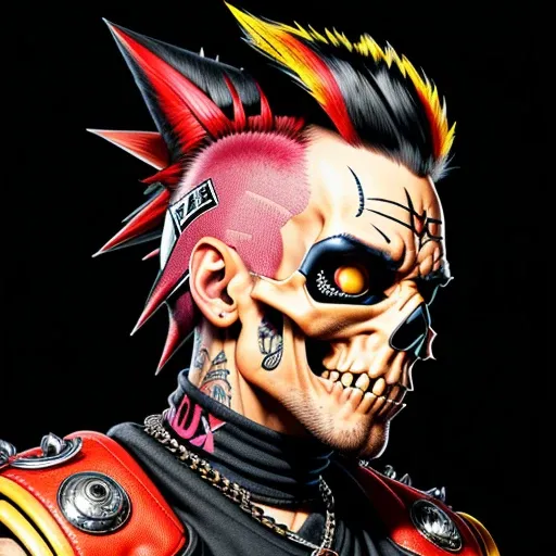 official art, unity 8k wallpaper, ultra detailed, aesthetically pleasing, High quality, masterpiece, best quality, Punk skull with red mohawk, side view, 1man, looking left, wide open mouth, detailed teeth, empty eye sockets, black and red graphic style, h...