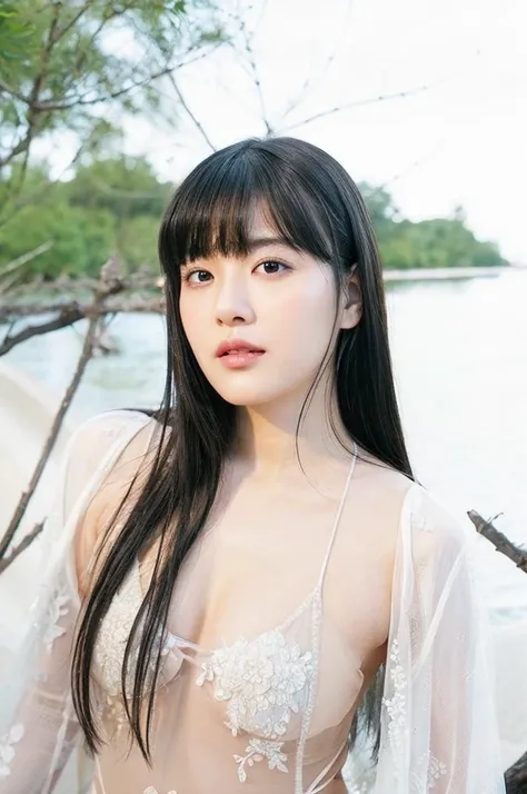 An arafed asian woman in a white dress posing by the water, Yoshitomo Nara, ai yazawa, yasumoto oka, kotegawa yui, kimi takemura, aoi ogata, shiori teshirogi, young pretty gravure idol, sui ishida with black hair, young gravure idol.
Masterpiece, ultra det...