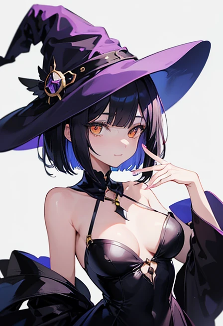 Witchs outfit, Anime-style portrait of a girl with a deep violet bob cut, {Golden eyes}, bright eyes, baby-faced, eye contact with the camera, subtle smile, minimalistic background to emphasize character, high contrast, clean lines, digital painting, vivid...