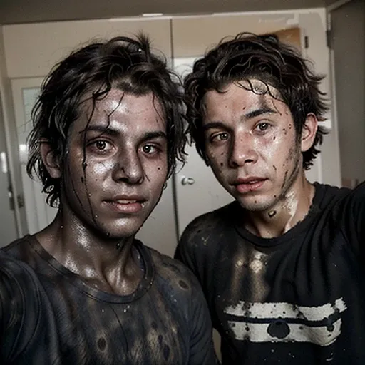 Selfie of two boys covered in soot and with messy hair after being caught in an explosion