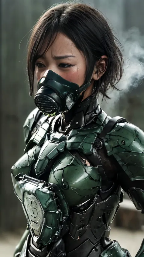 rough skin, Super detailed, advanced details, high quality, 最high quality, High resolution, 1080p 、Bleeding from the wound、sexy eyes、wearing green and black、cute((My whole body is sweaty))(Wearing damaged combat gear....)(Dark green armor)(broken armor)bla...