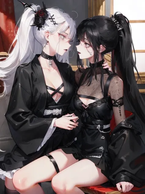 Two women kisasterpiece, best quality, high quality, ultra detailed, 1girl, looking at viewer, white hair, gray eyes, black lipstick, black shirt, sitting on a white floor, demon girl, gothcore, 1 7 - year - old, goth girl, japanese gothic, gothic punk sty...