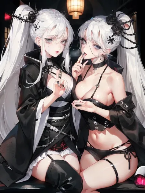 Two women kisasterpiece, best quality, high quality, ultra detailed, 1girl, looking at viewer, white hair, gray eyes, black lipstick, black shirt, sitting on a white floor, demon girl, gothcore, 1 7 - year - old, goth girl, japanese gothic, gothic punk sty...