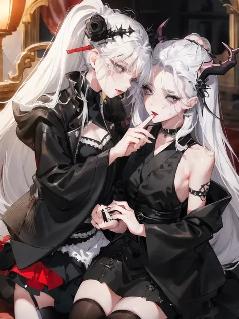 two women kisasterpiece, best quality, high quality, ultra detailed, 1girl, looking at viewer, white hair, gray eyes, black lips...