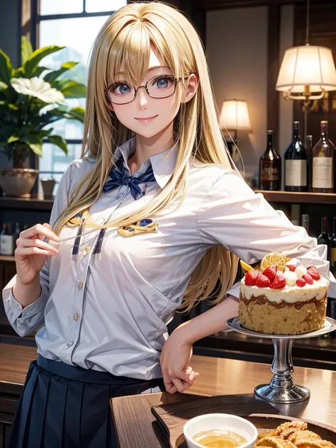 20 year old female、shiny hair quality、Beautiful Blonde Hair、straight hair、Shaggy Hair、Glasses、Glasses美人、woman drinking alcohol、shirt、skirt、cute、smile、perfect skeleton