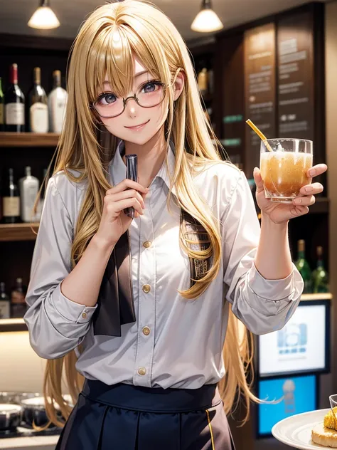 20 year old female、shiny hair quality、Beautiful Blonde Hair、straight hair、Shaggy Hair、Glasses、Glasses美人、woman drinking alcohol、shirt、skirt、cute、smile、perfect skeleton