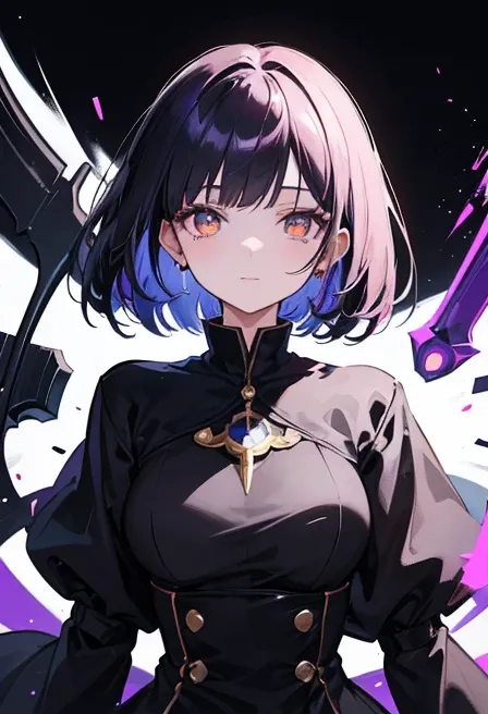 Witchs outfit, Anime-style portrait of a girl with a deep violet bob cut, {Golden eyes}, bright eyes, baby-faced, eye contact with the camera, subtle smile, with Deathscythe, minimalistic background to emphasize character, high contrast, clean lines, digit...