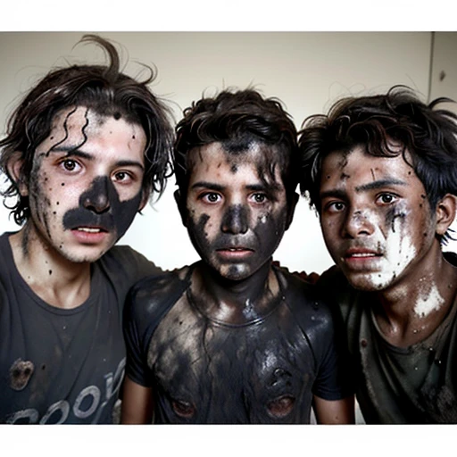 Selfie of three boys covered in soot and with messy hair after a bomb attack