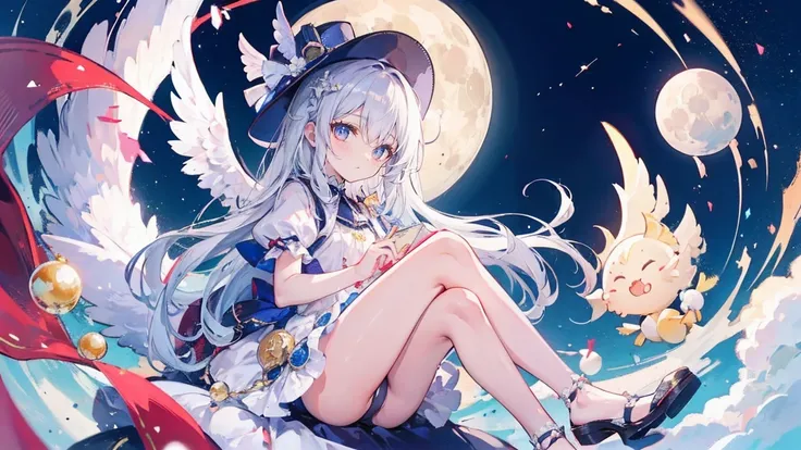 Kindergarten children,big moon,Angel,silk hat,Panty shot,,ultra high resolution,1 person,lots of pearl balls