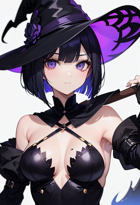 Witchs outfit, Anime-style portrait of a girl with a deep violet bob cut, {Golden eyes}, bright eyes, baby-faced, eye contact with the camera, subtle smile, {Deathscythe}, {having weapon}, minimalistic background to emphasize character, high contrast, clea...