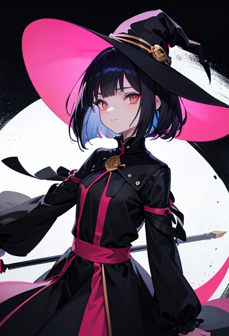 Witchs outfit, Anime-style portrait of a girl with a deep violet bob cut, {Golden eyes}, bright eyes, baby-faced, eye contact with the camera, subtle smile, {Deathscythe}, {having weapon}, minimalistic background to emphasize character, high contrast, clea...