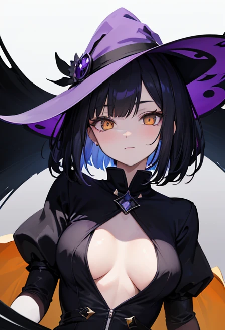 Witchs outfit, Anime-style portrait of a girl with a deep violet bob cut, {Golden eyes}, bright eyes, baby-faced, eye contact with the camera, subtle smile, {Deathscythe}, {having weapon}, minimalistic background to emphasize character, high contrast, clea...