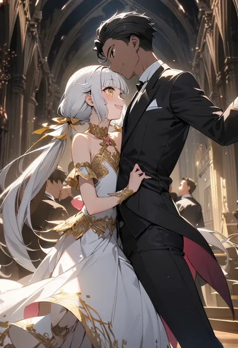 masterpiece, best quality, ultra-detailed, 1man 1girl, a black hair man and a white hair girl is dancing, face to face, dancing, 1man, (adult:1.2), 22 years old, (tall:1.2), (black hair:1.2), short hair, forehead, black eyes, formal black suit, 1girl, (lol...