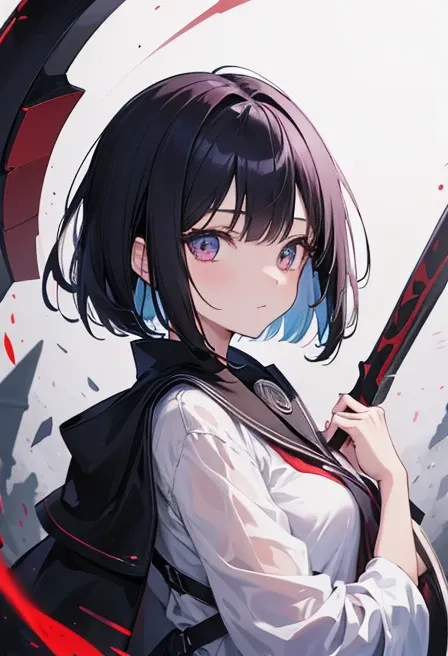 Witchs outfit, Anime-style portrait of a girl with a deep violet bob cut, {Golden eyes}, bright eyes, baby-faced, eye contact with the camera, subtle smile, Holds a large shinigami scythe in her right hand, minimalistic background to emphasize character, h...